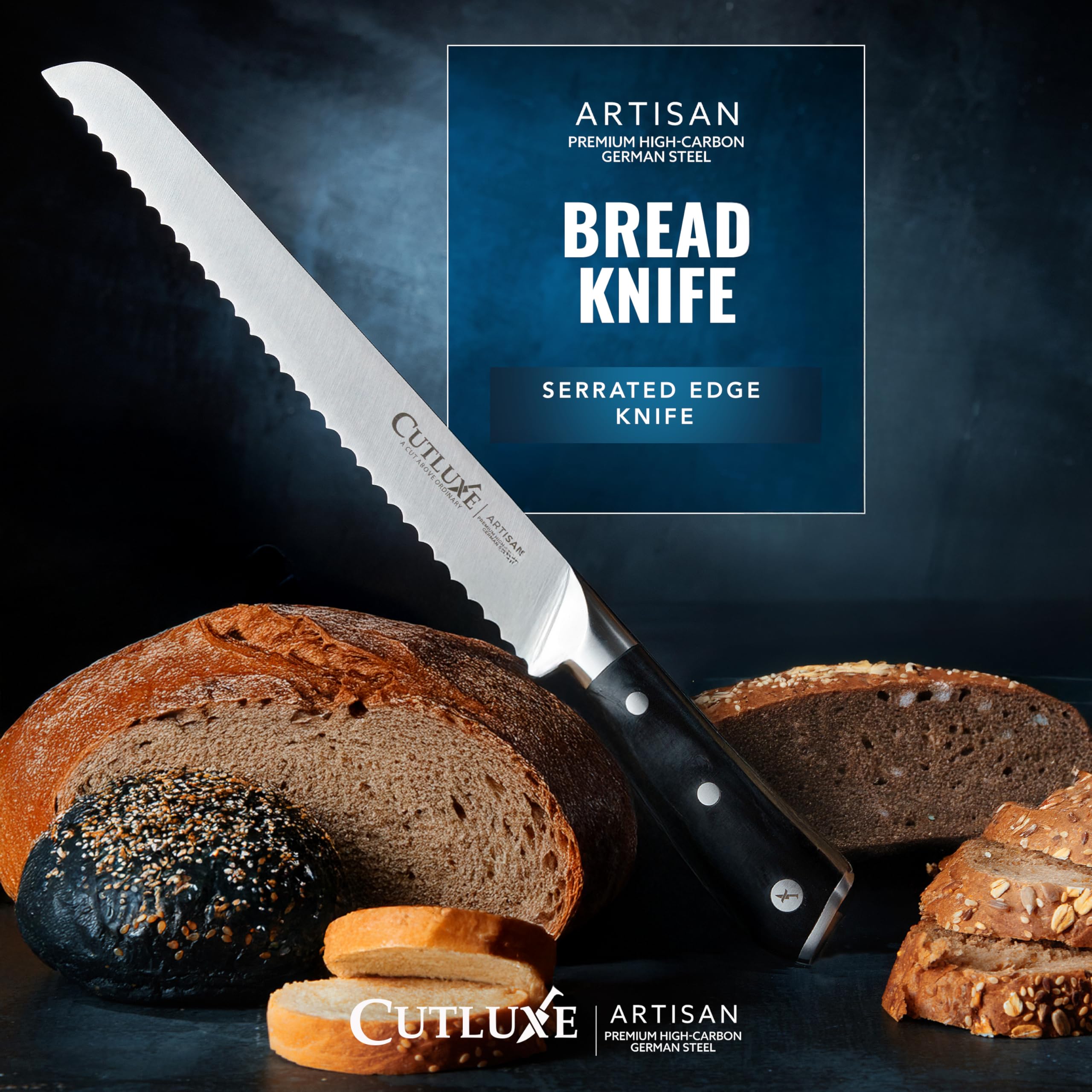 Cutluxe Bread Knife pakkawood handle offers premium grip during busy kitchen prep.