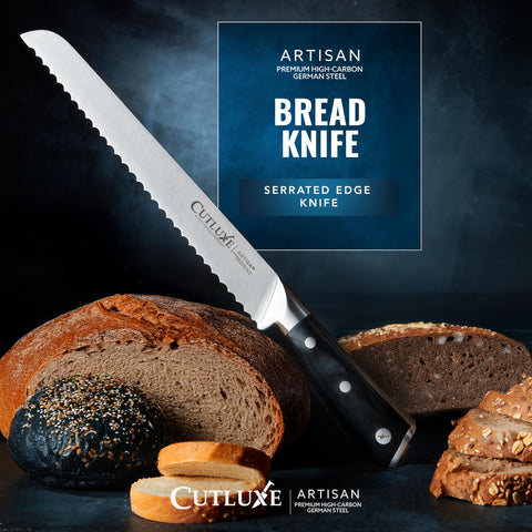 Cutluxe Bread Knife pakkawood handle offers premium grip during busy kitchen prep.