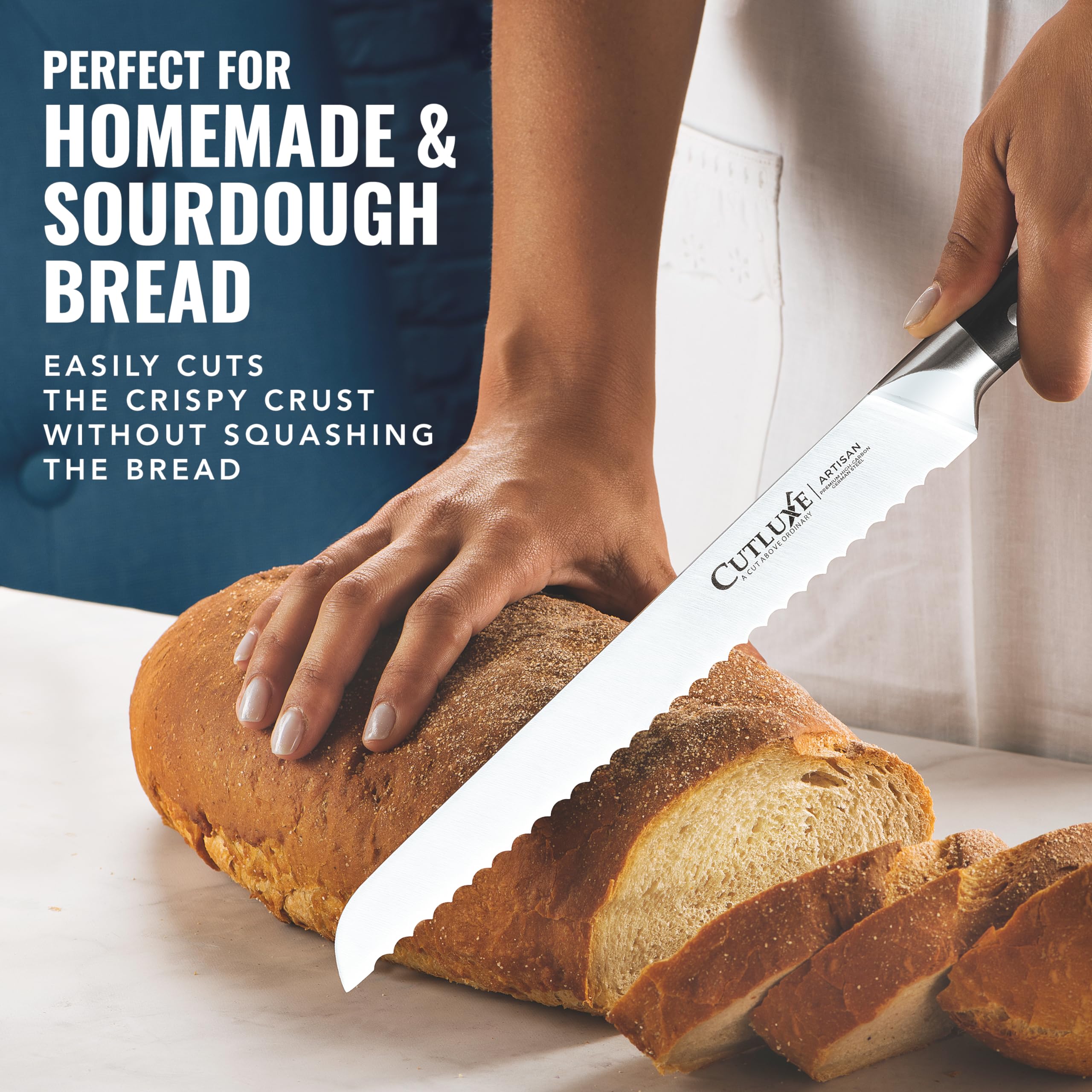 Cutluxe Bread Knife sourdough slicing shown for clean cuts without crushing crumb.