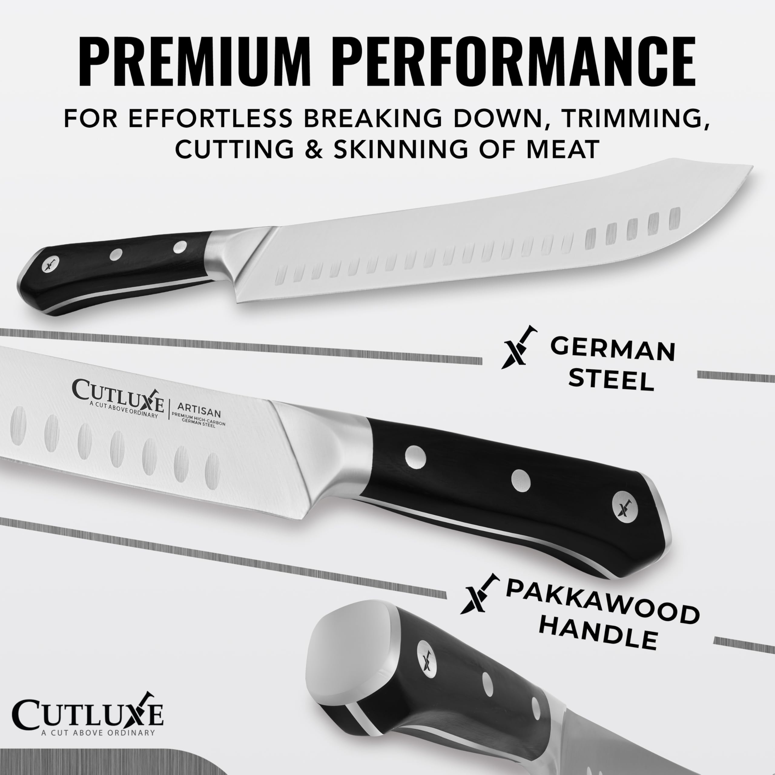 Cutluxe bullnose carving knife blade in action for clean meat slices.