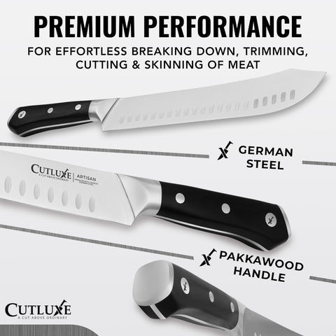 Cutluxe bullnose carving knife blade in action for clean meat slices.