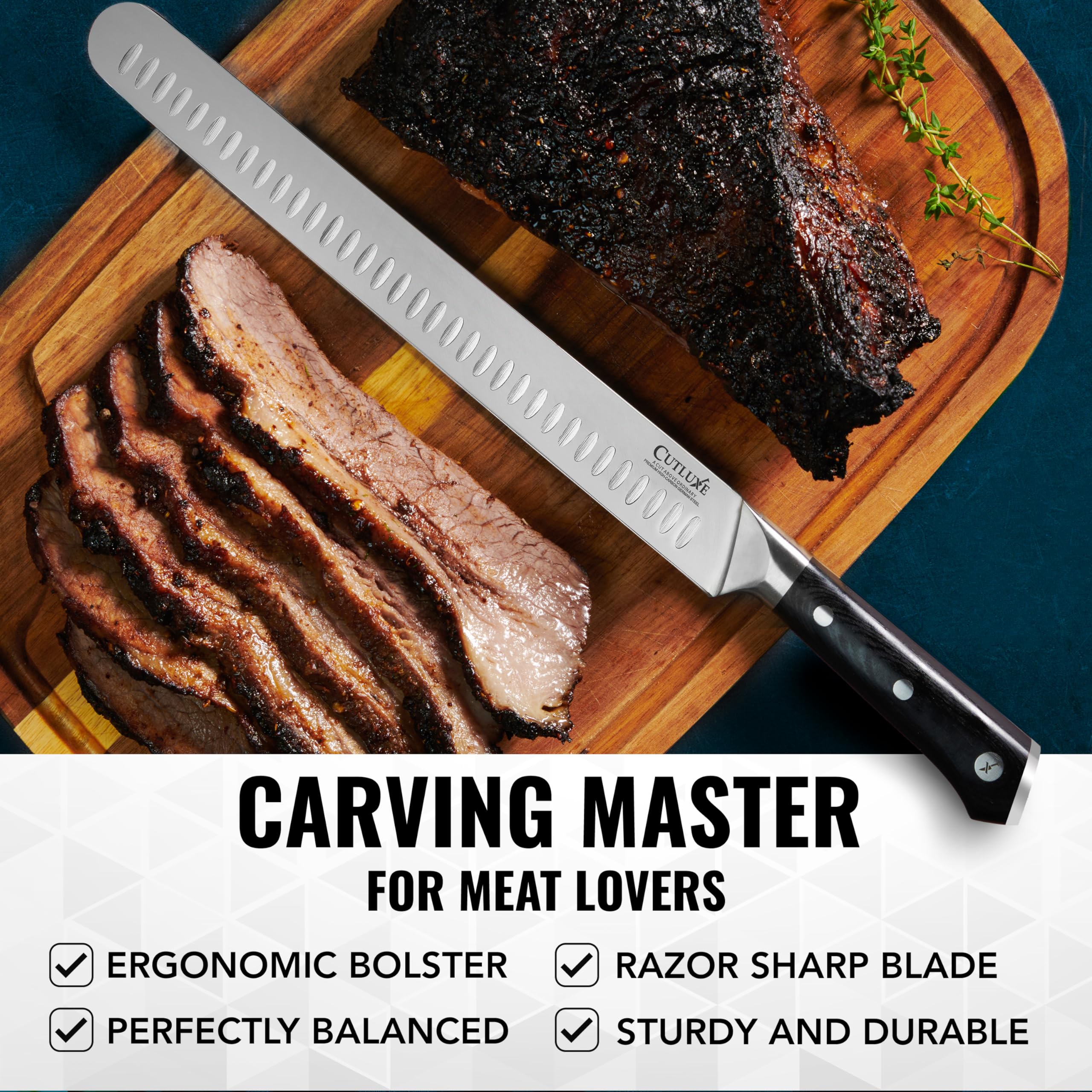 Cutluxe carving knife ideal for brisket, turkey, roast, and ribs in daily cooking