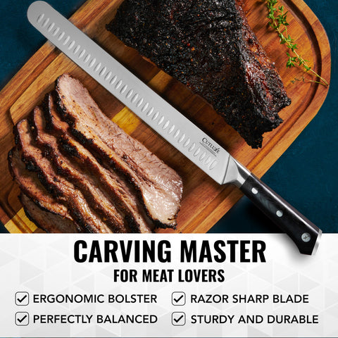 Cutluxe carving knife ideal for brisket, turkey, roast, and ribs in daily cooking