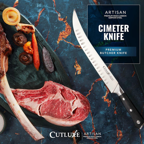 Cutluxe knife ergonomic handle with triple rivets for secure grip.