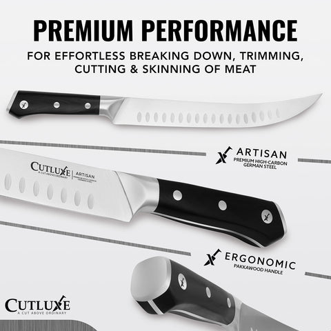 Cutluxe knife full tang visible for stable, comfortable grip.