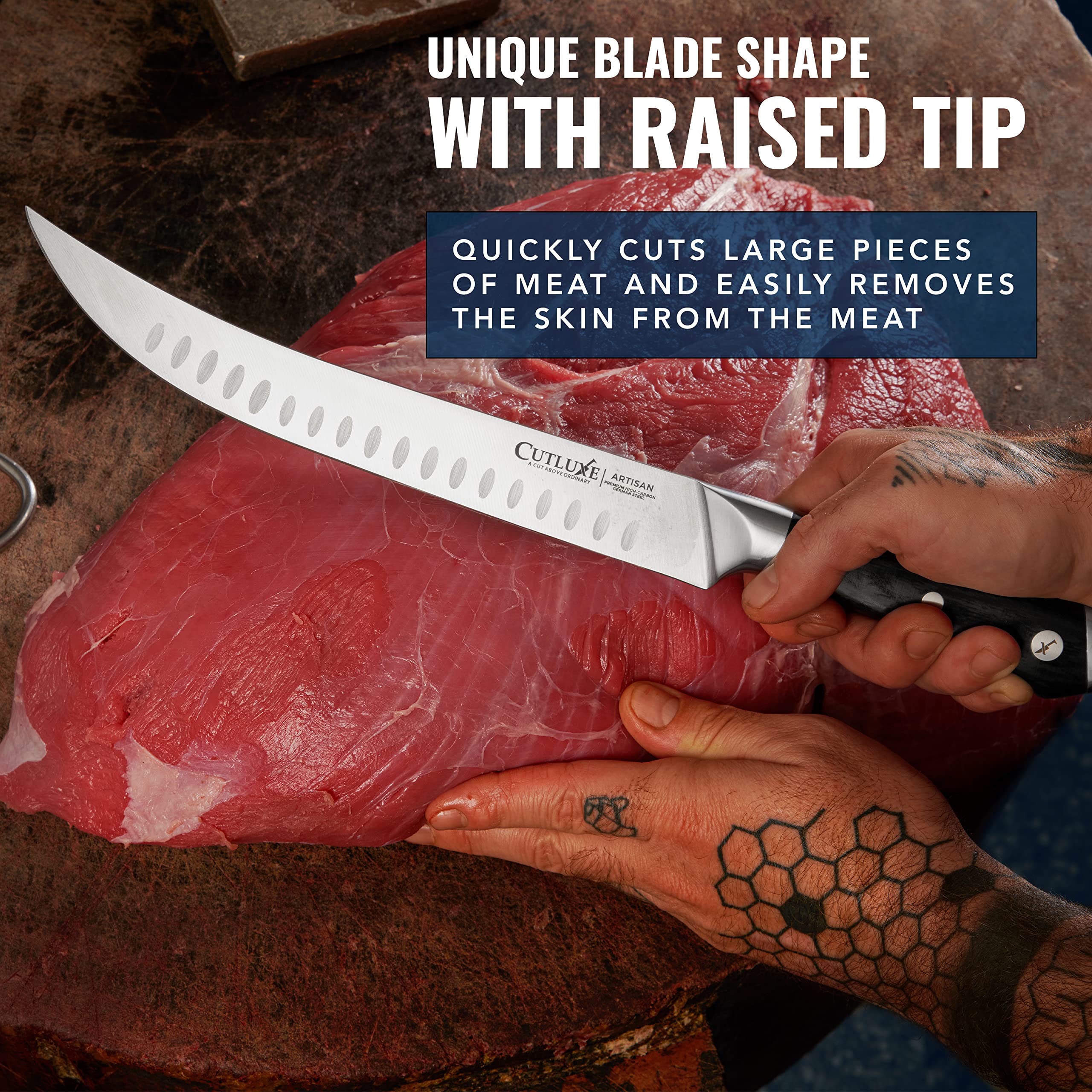 Cutluxe German steel blade demonstrates rust resistance and durability.