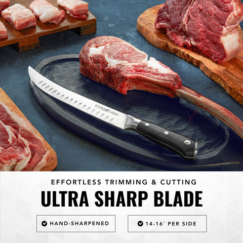 Cutluxe Granton edge blade shown for effortless slicing.