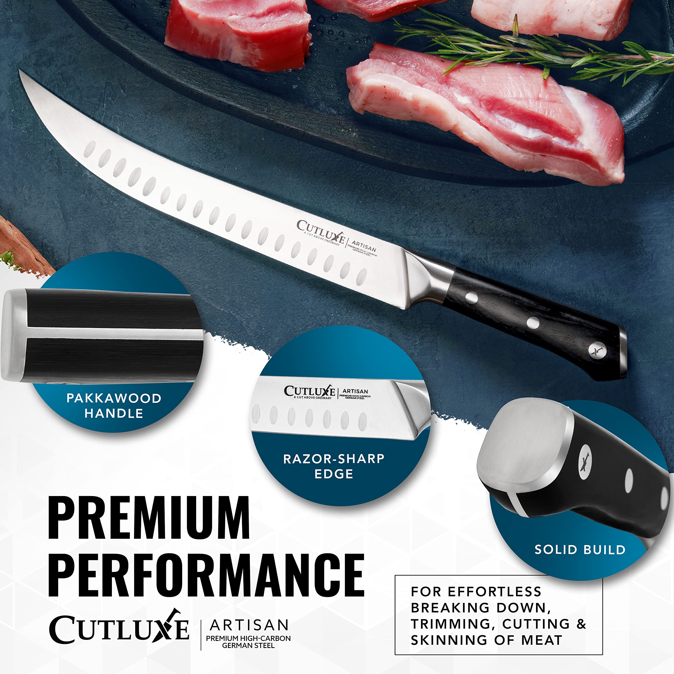 Cutluxe kitchen setting shows versatile use for roasts and prep.