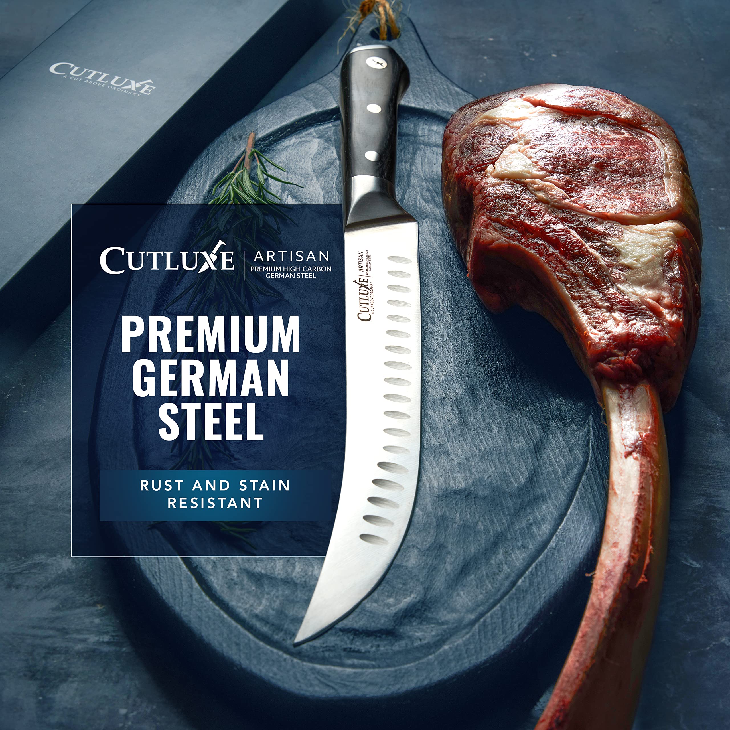 Cutluxe blade with lifetime warranty hints at lasting craftsmanship.