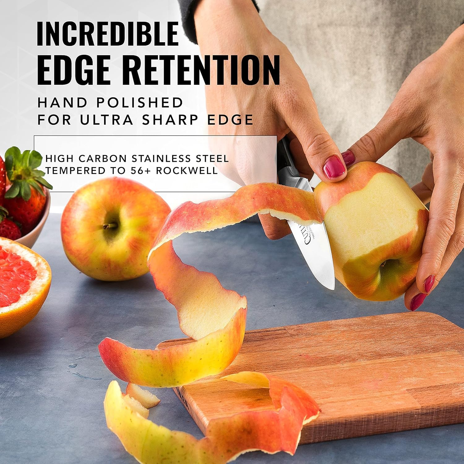 Cutluxe 9-inch carving knife slicing roast with controlled, even slices.