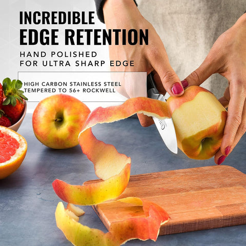 Cutluxe 9-inch carving knife slicing roast with controlled, even slices.