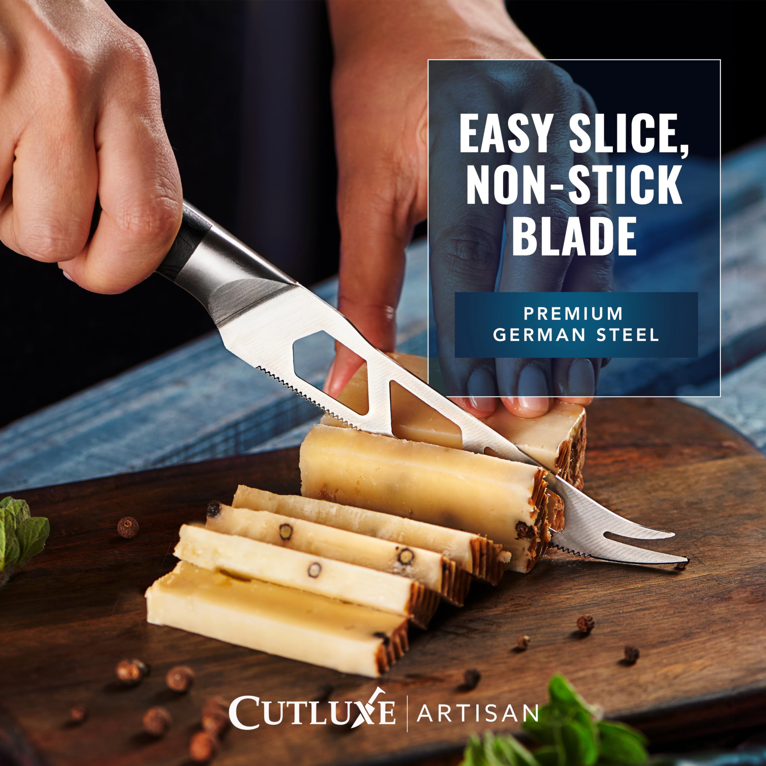 Cutluxe cheese knife non-stick blade aids quick transfer to plates.