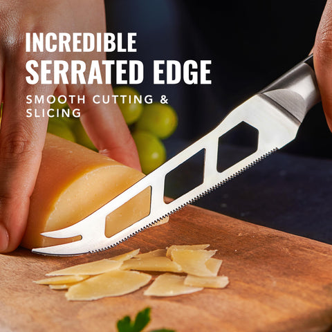 Cutluxe cheese knife pakkawood handle offers comfortable grip.