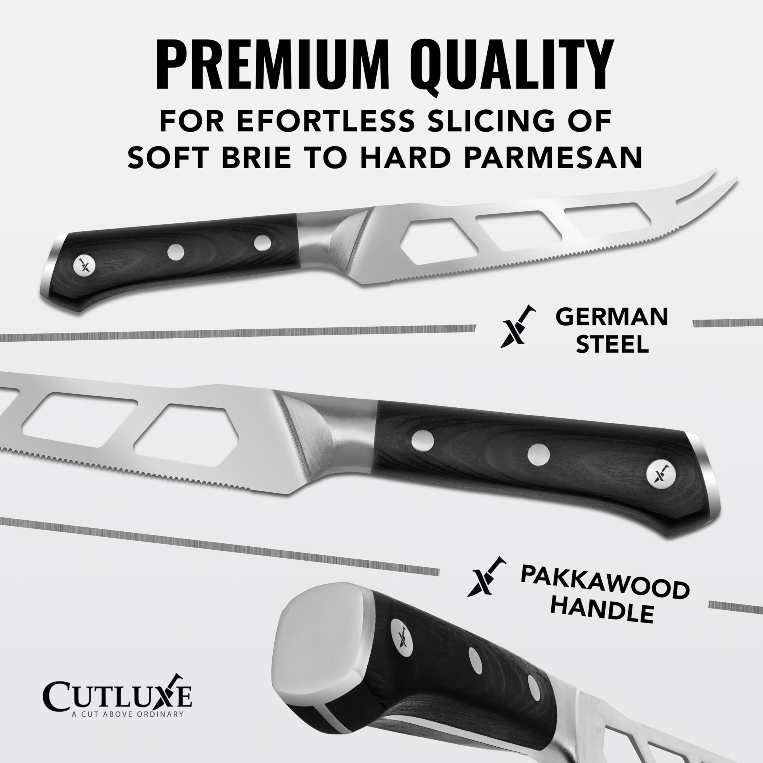 Cutluxe cheese knife pronged blade reduces sticking for smooth cheese.