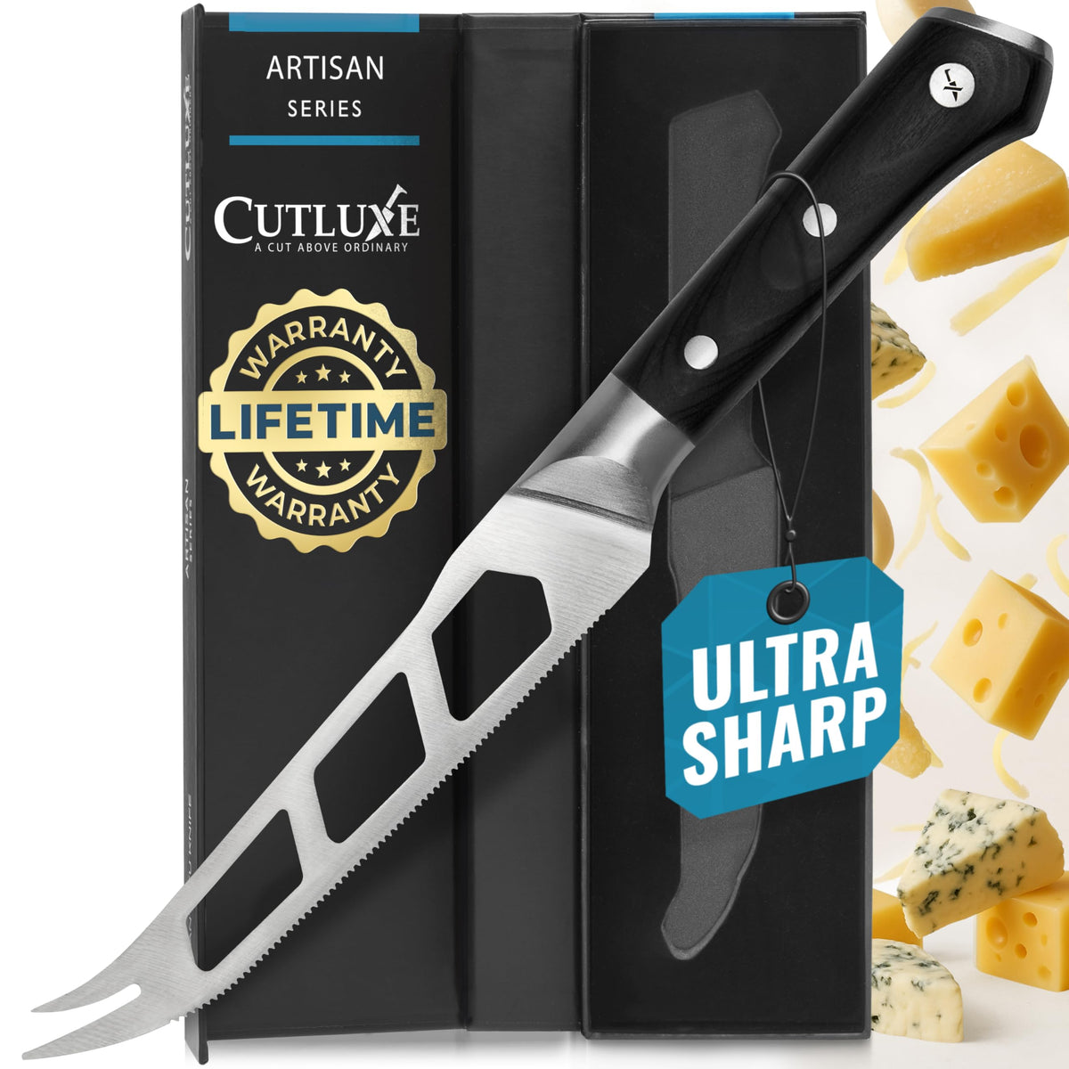 Cutluxe cheese knife 5 inch slicer with pronged tip for clean cuts.