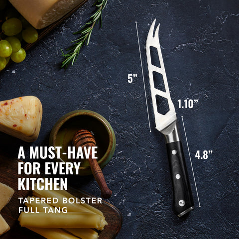 Cutluxe cheese knife full tang design for balanced control.