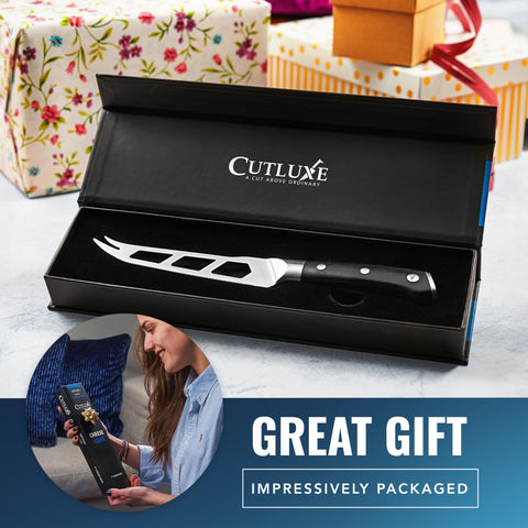 Cutluxe cheese knife high carbon German steel for lasting performance.