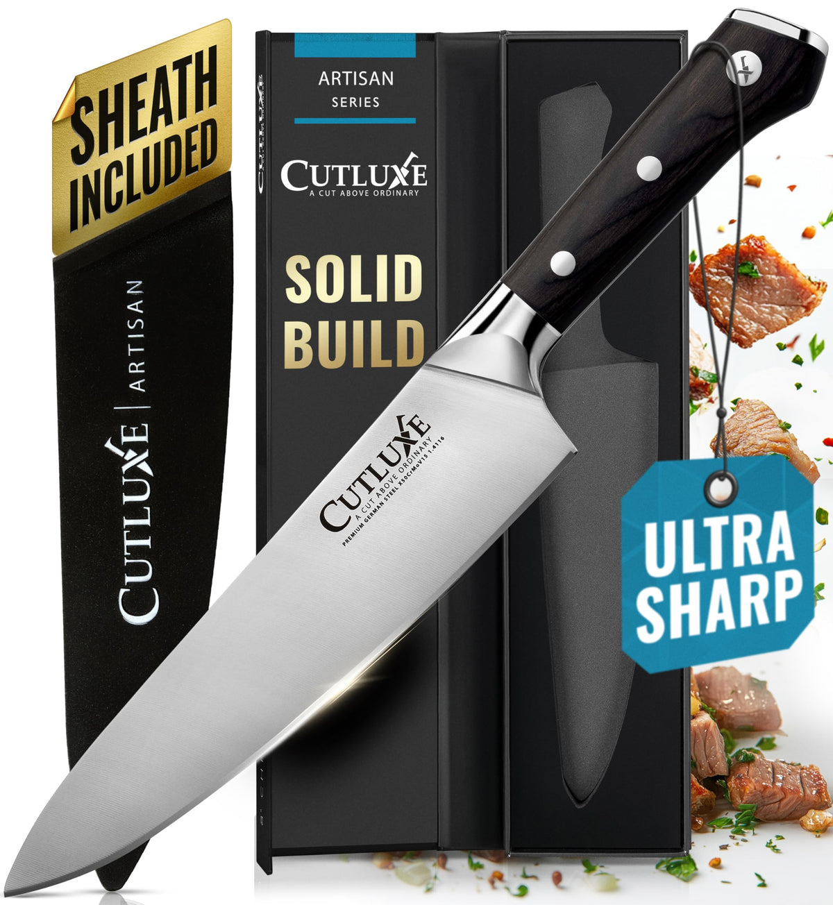 Cutluxe chef knife 8-inch blade close-up for precise slicing.