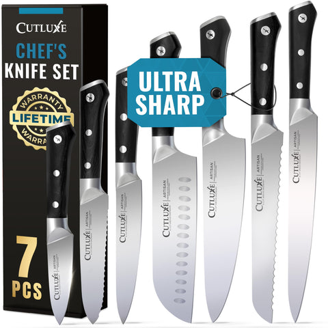 Cutluxe 8-inch chef knife blade close-up shows razor-sharp precision for daily slicing.