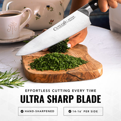 Cutluxe chef knife ergonomic handle detail for comfortable grip.
