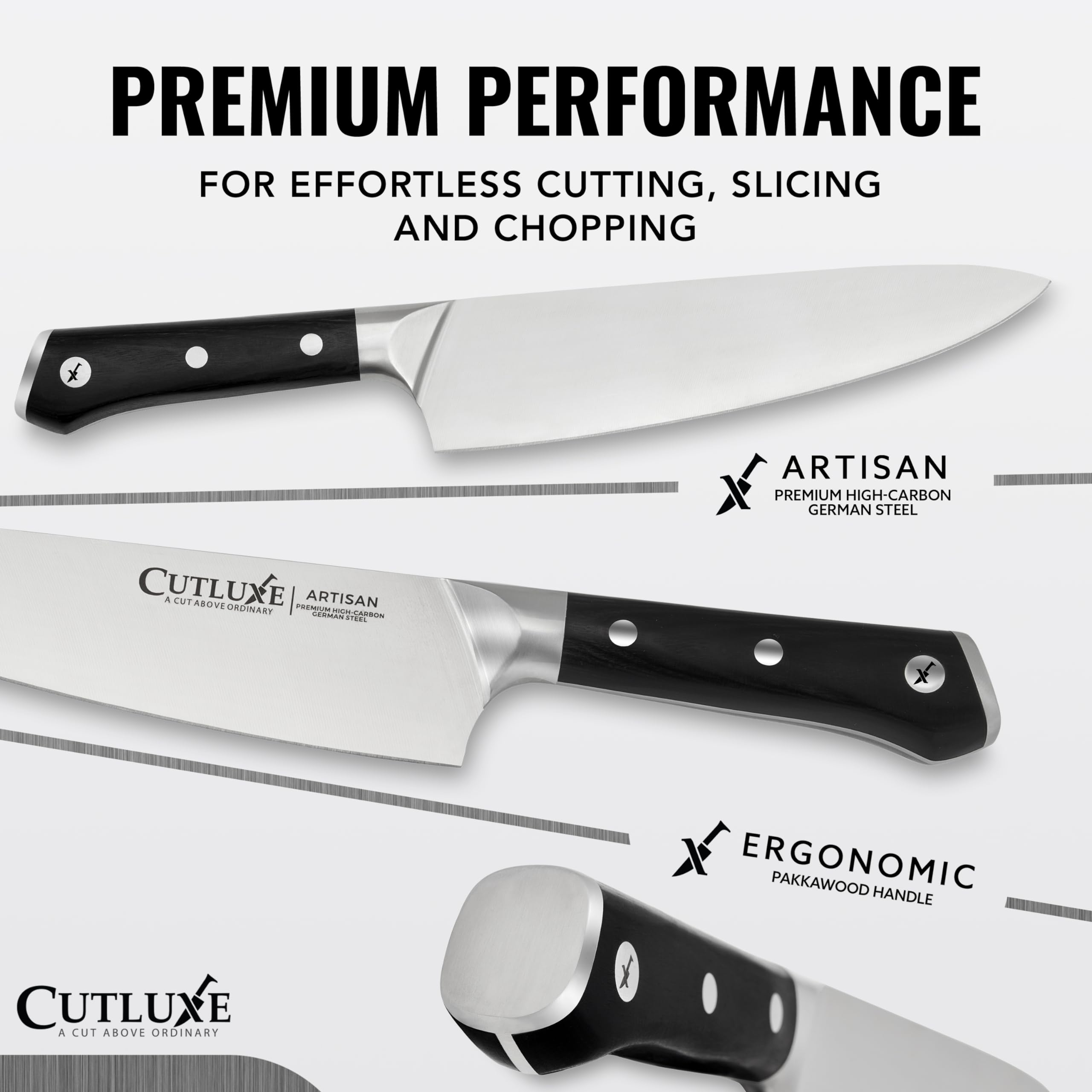 Cutluxe chef knife full tang handle shown for balanced cutting.