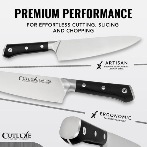 Cutluxe chef knife full tang handle shown for balanced cutting.