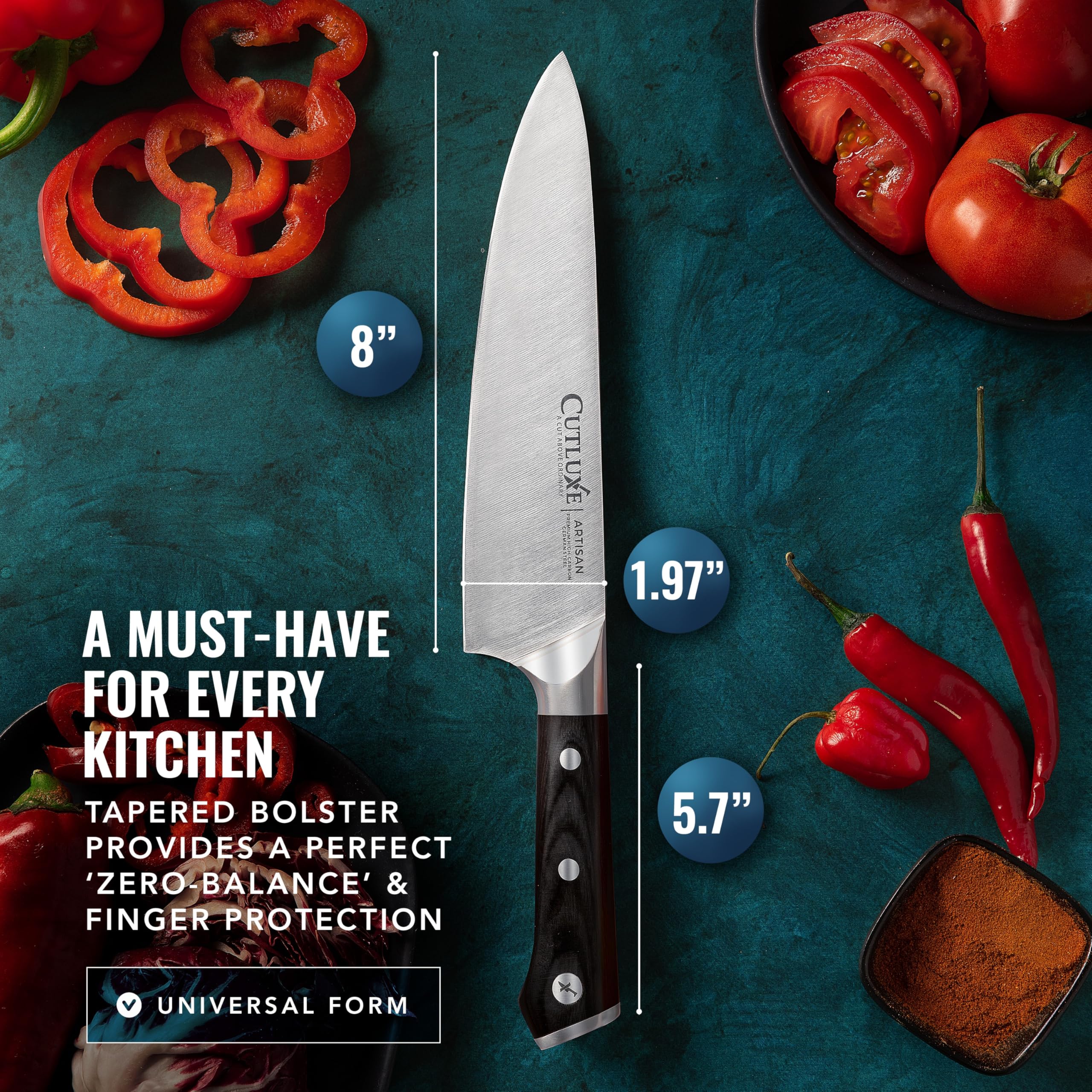 Cutluxe chef knife cutting meat and poultry prep.