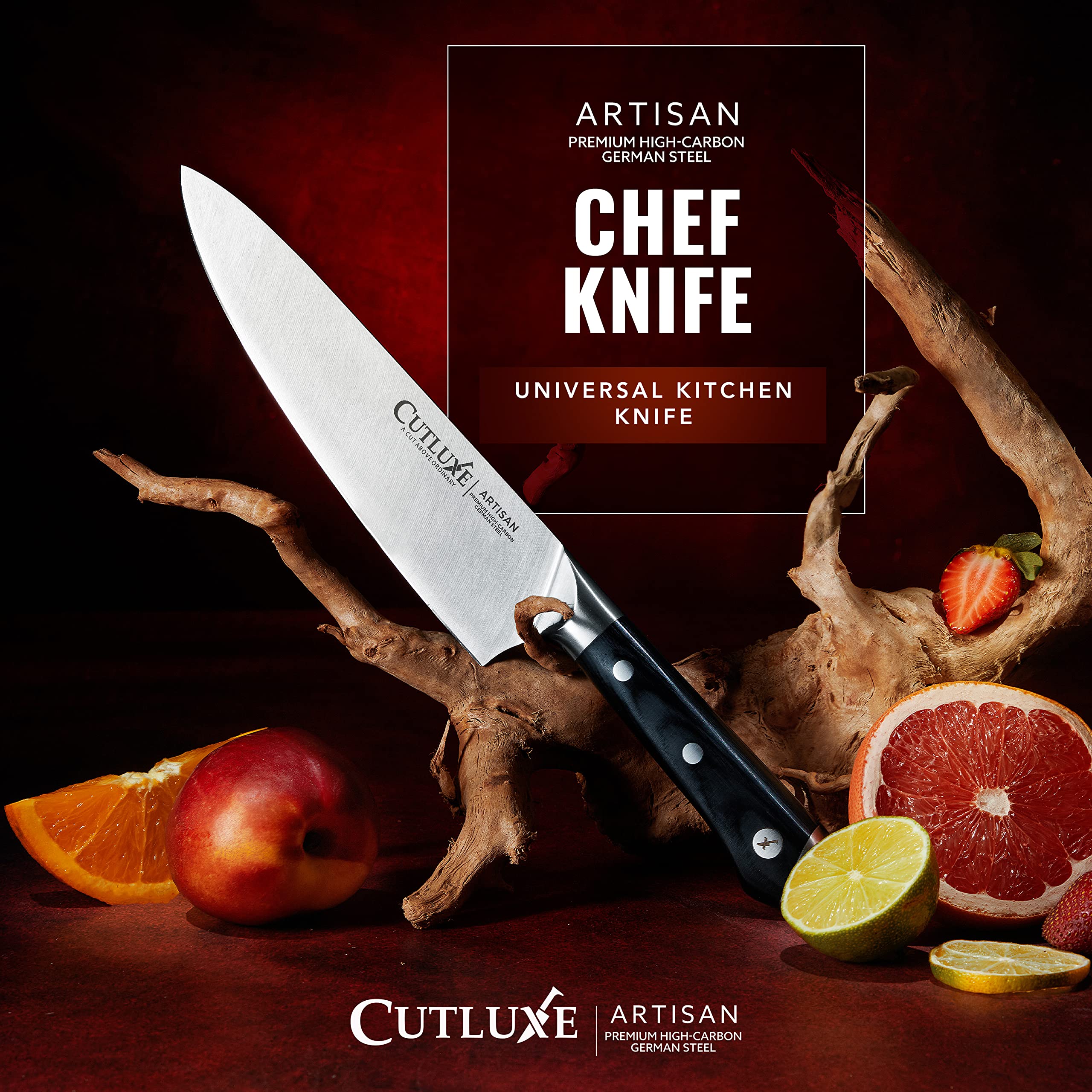 Cutluxe chef knife with sheath included for safe storage.