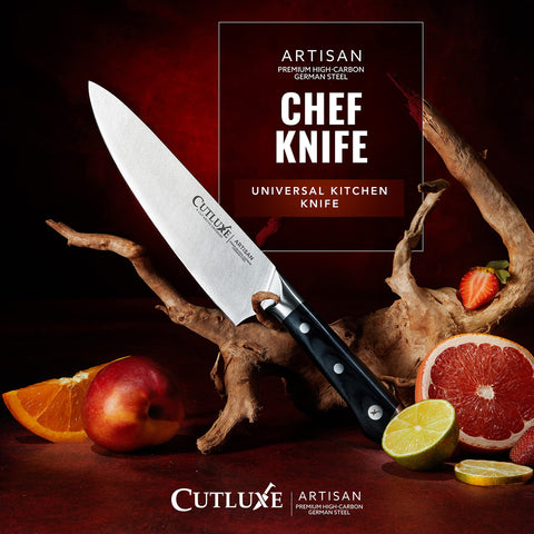 Cutluxe chef knife with sheath included for safe storage.