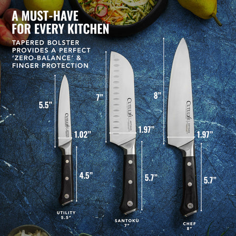 Cutluxe ergonomic grip close-up reduces fatigue during prep.