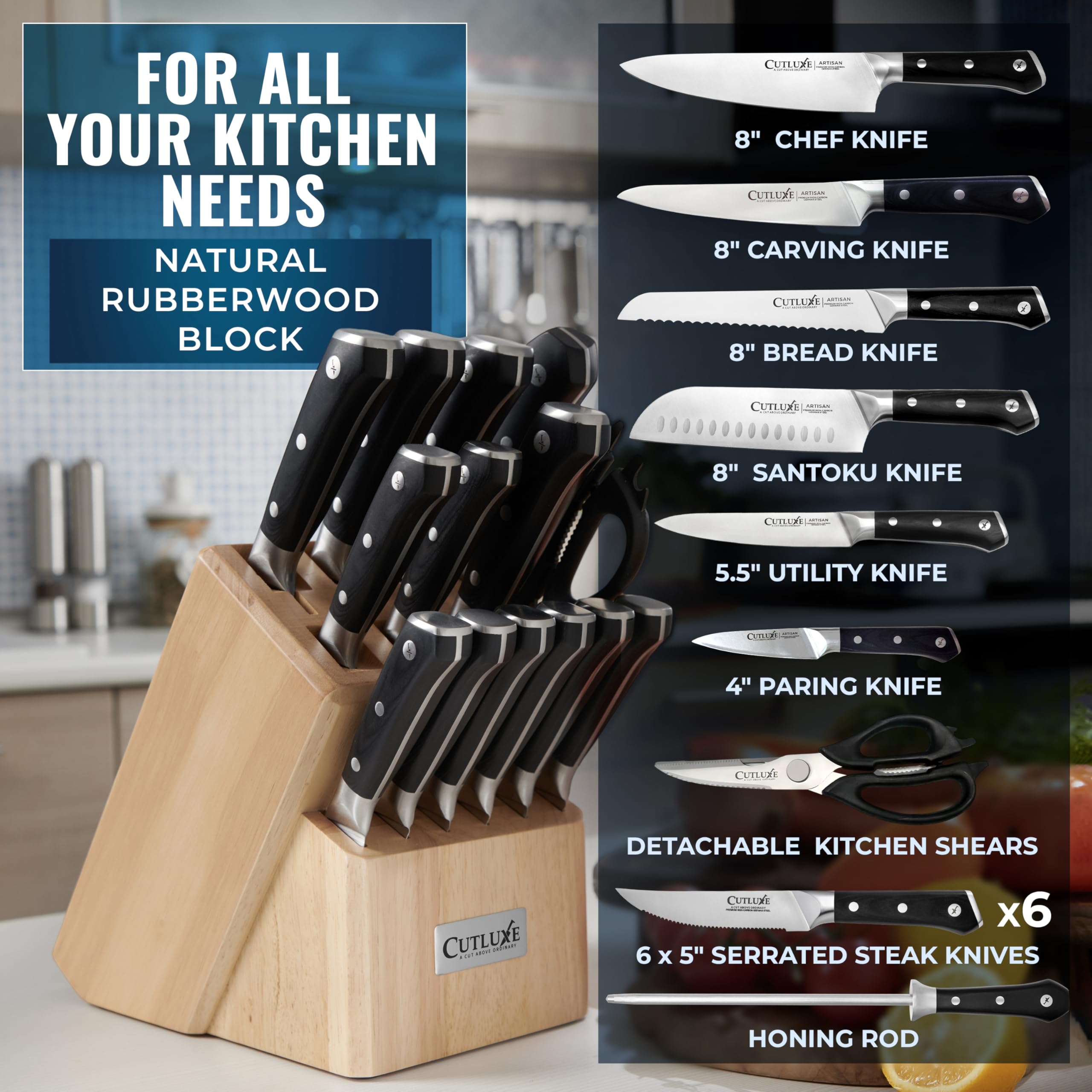 Cutluxe ergonomic pakkawood handles in hand, reducing fatigue during long prep sessions.