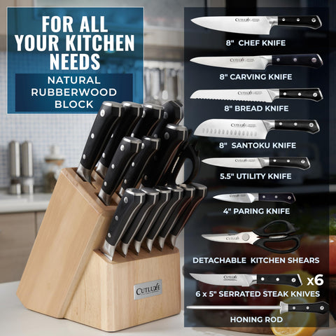 Cutluxe ergonomic pakkawood handles in hand, reducing fatigue during long prep sessions.