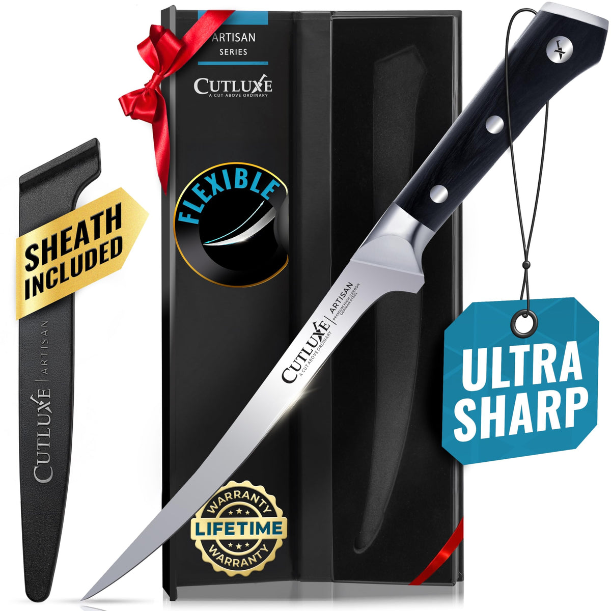 Cutluxe fillet knife with 7-inch blade showing precise filleting for fish and meat