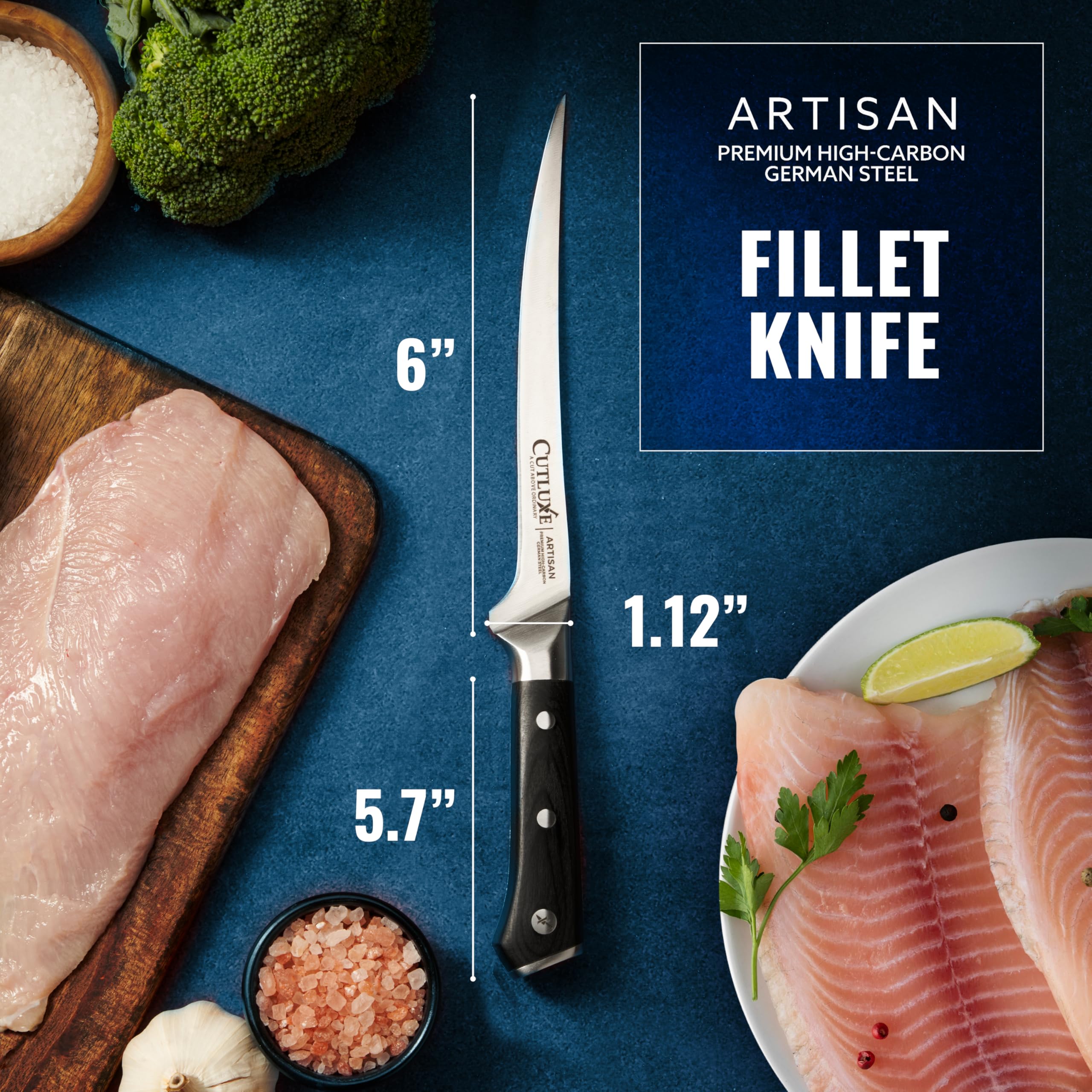 Cutluxe 7-inch fillet knife featuring razor-edge for effortless trimming