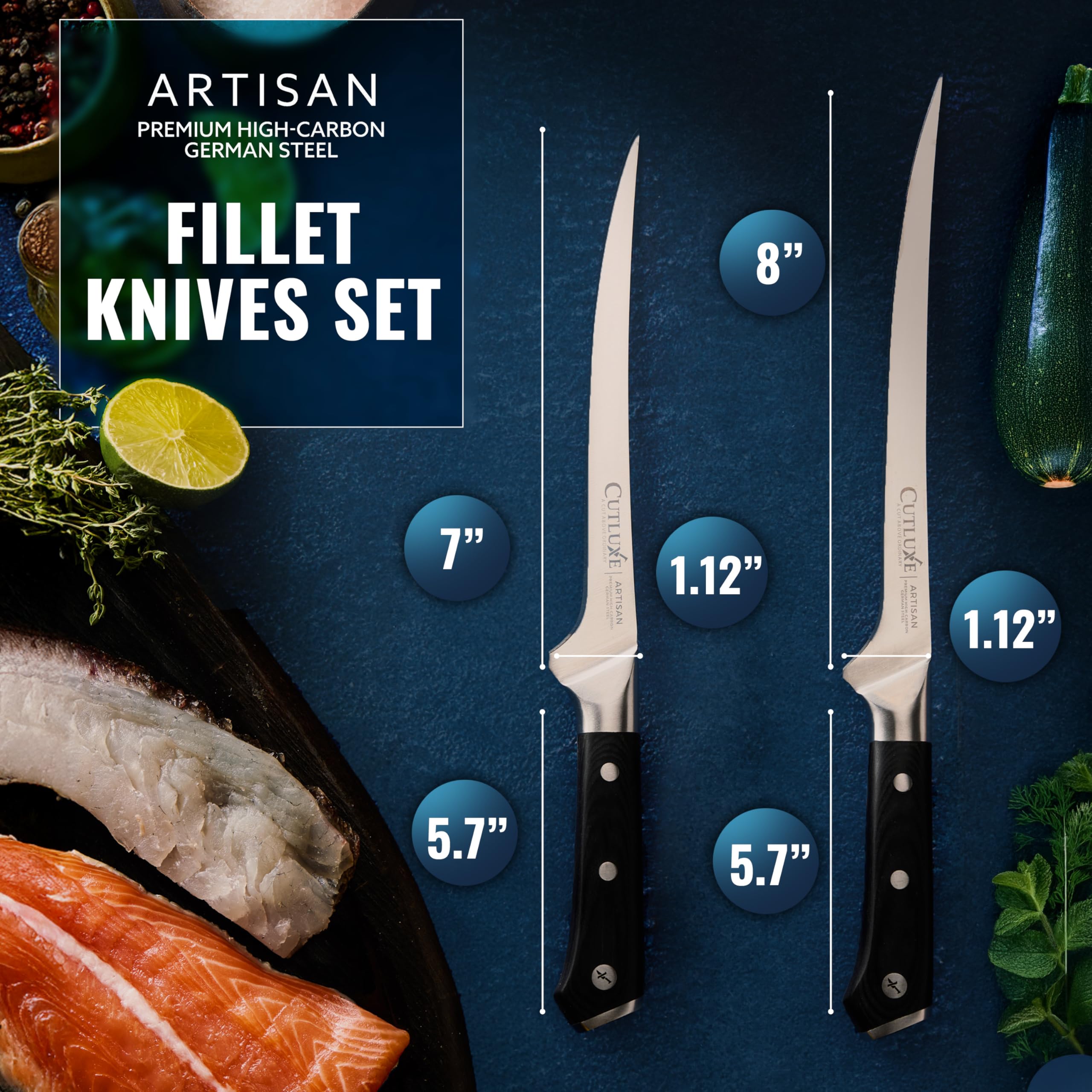 Cutluxe 8-inch fillet knife with full tang for de boning and trimming