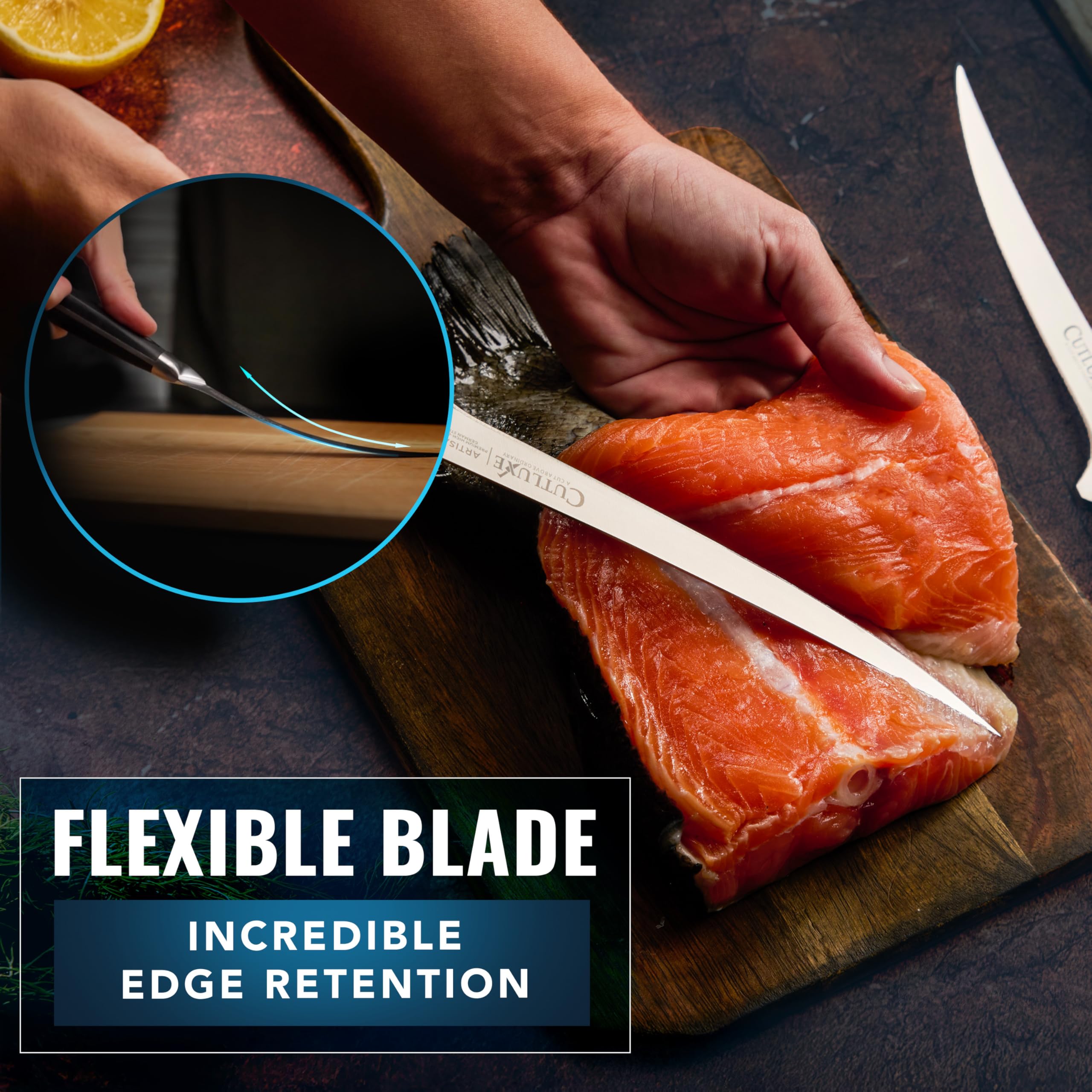 Use in action filleting a fish with smooth control and minimal waste
