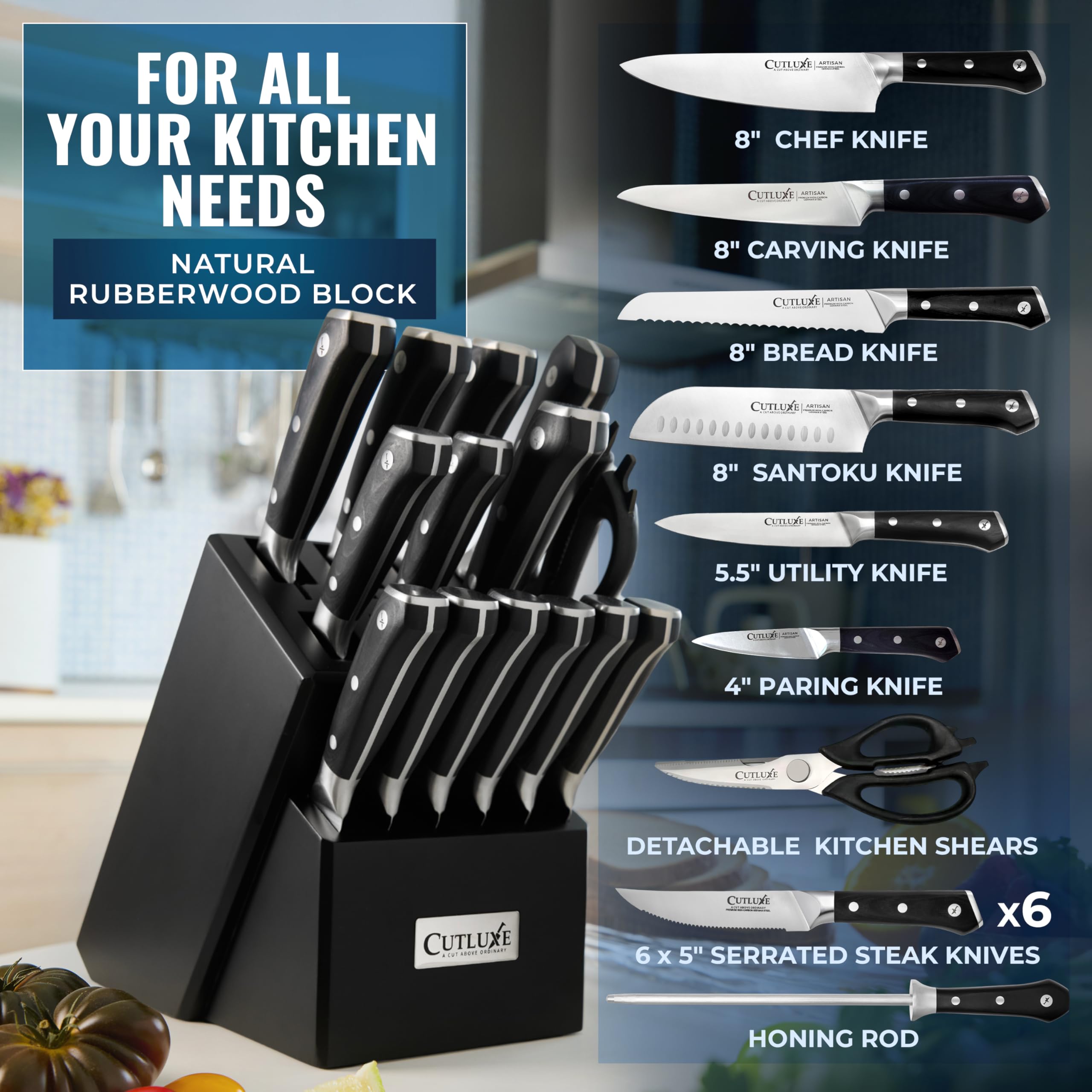 Full Cutluxe knife set displayed in natural RubberWood block