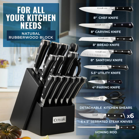 Full Cutluxe knife set displayed in natural RubberWood block