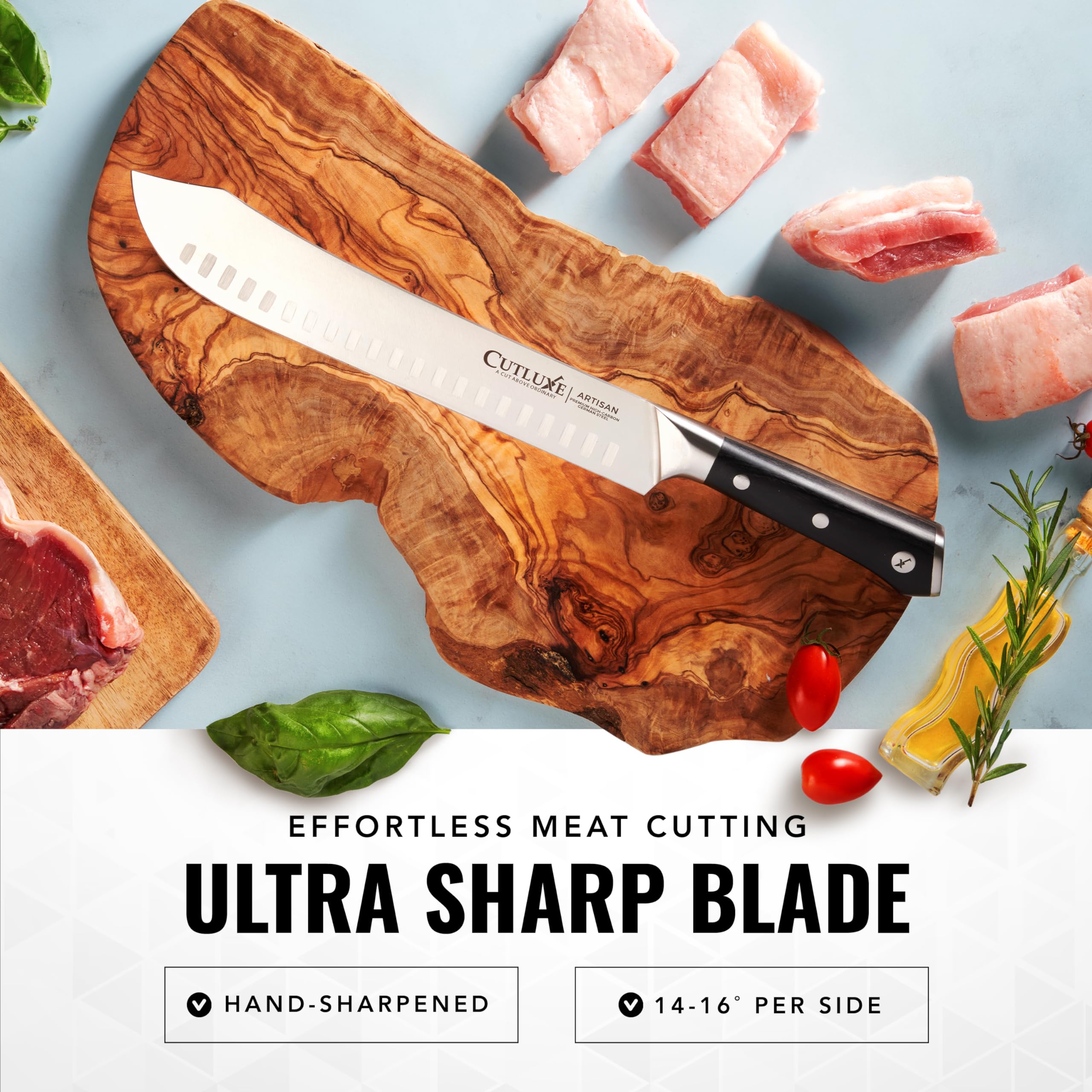 Cutluxe full-tang ergonomic pakkawood handle ensures secure grip
