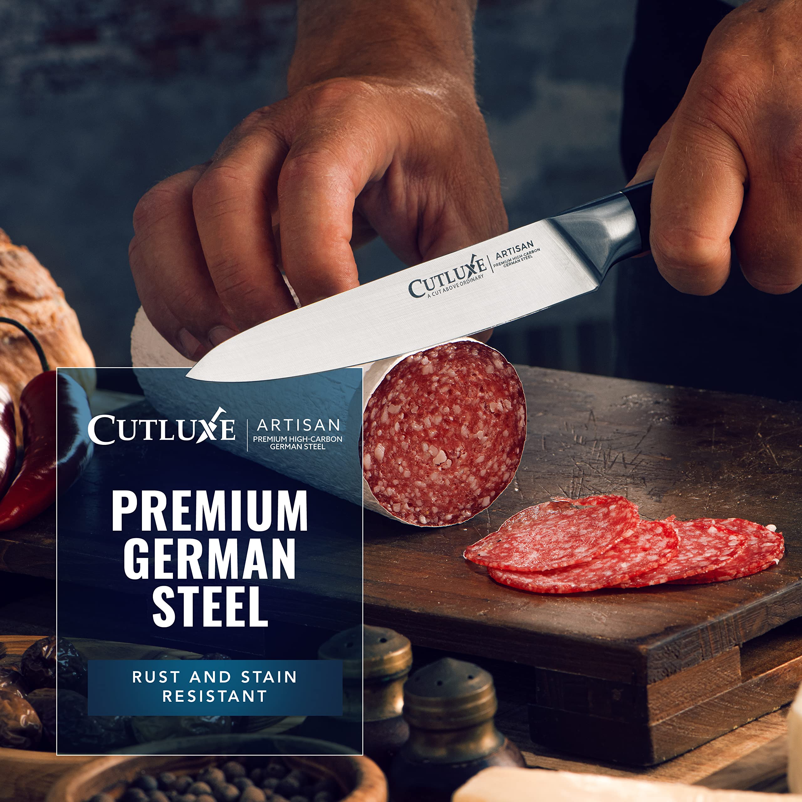 Cutluxe German steel construction delivers durable, long-lasting performance.