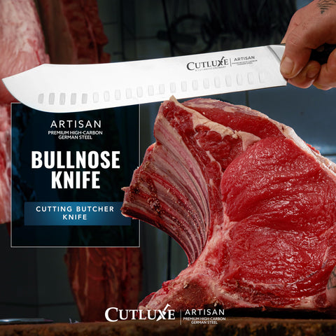 Cutluxe granton edge detail emphasizes airfoil spacing for steady slicing