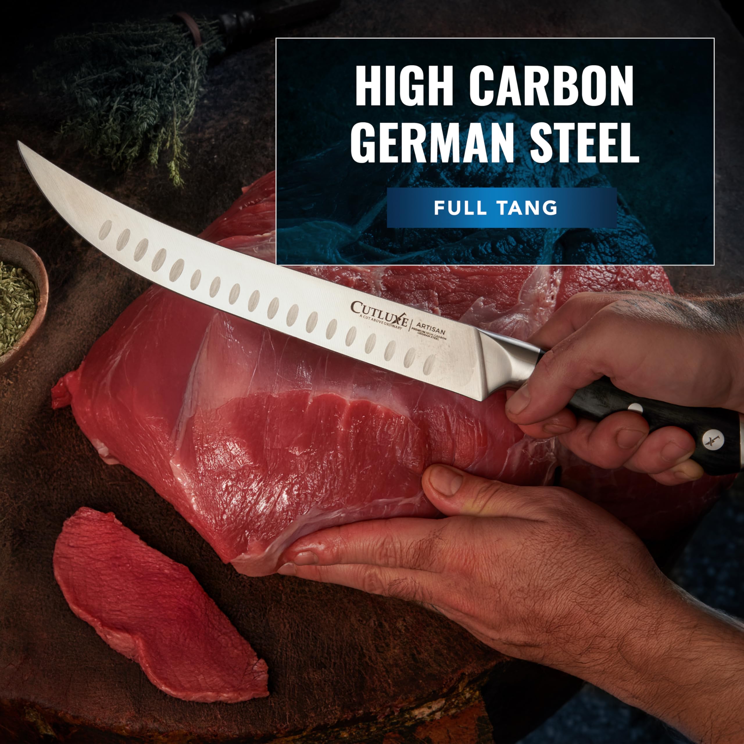 Cutluxe granton edge reduces sticking for smoother meat slices.