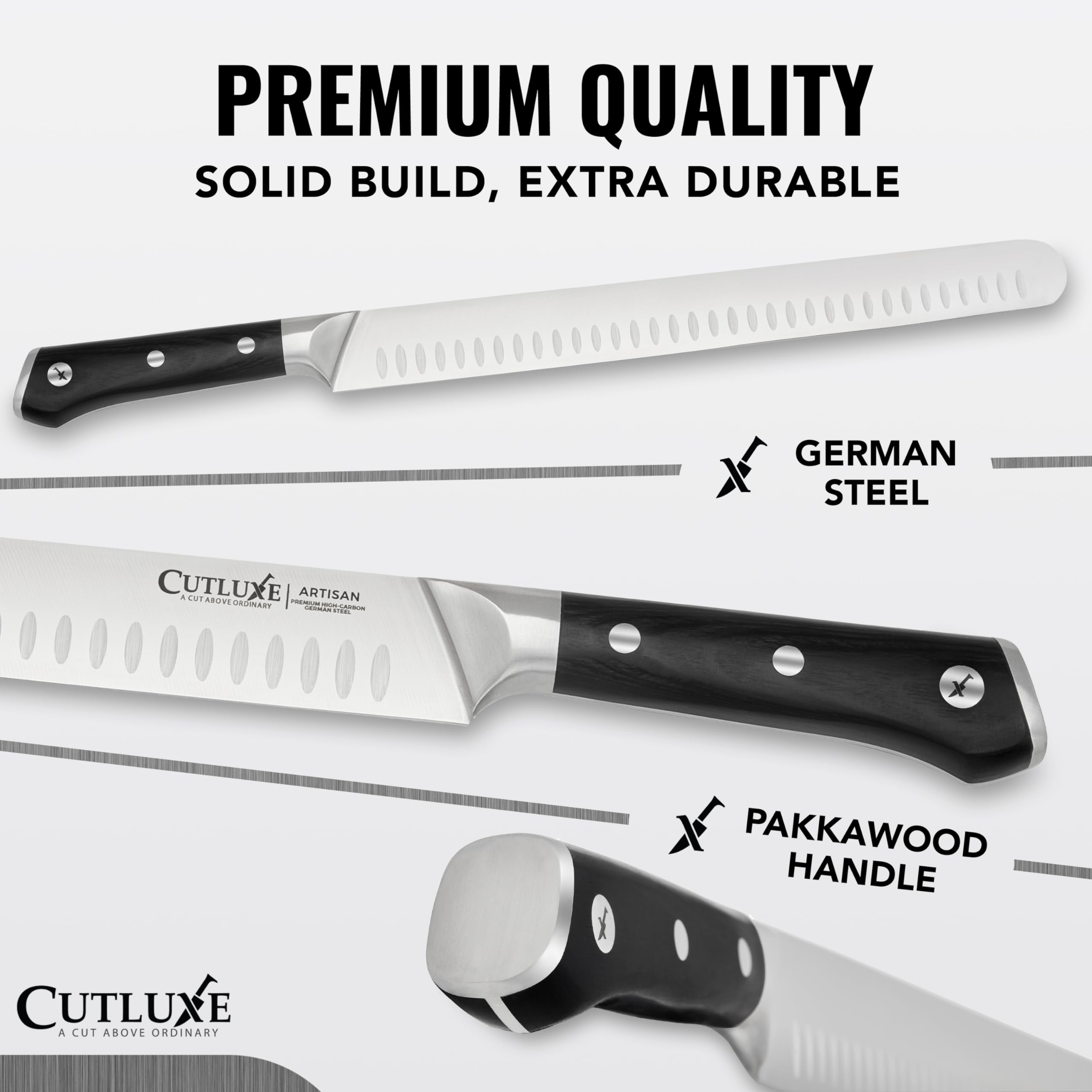 Cutluxe razor-sharp granton edge enhances effortless meat slicing