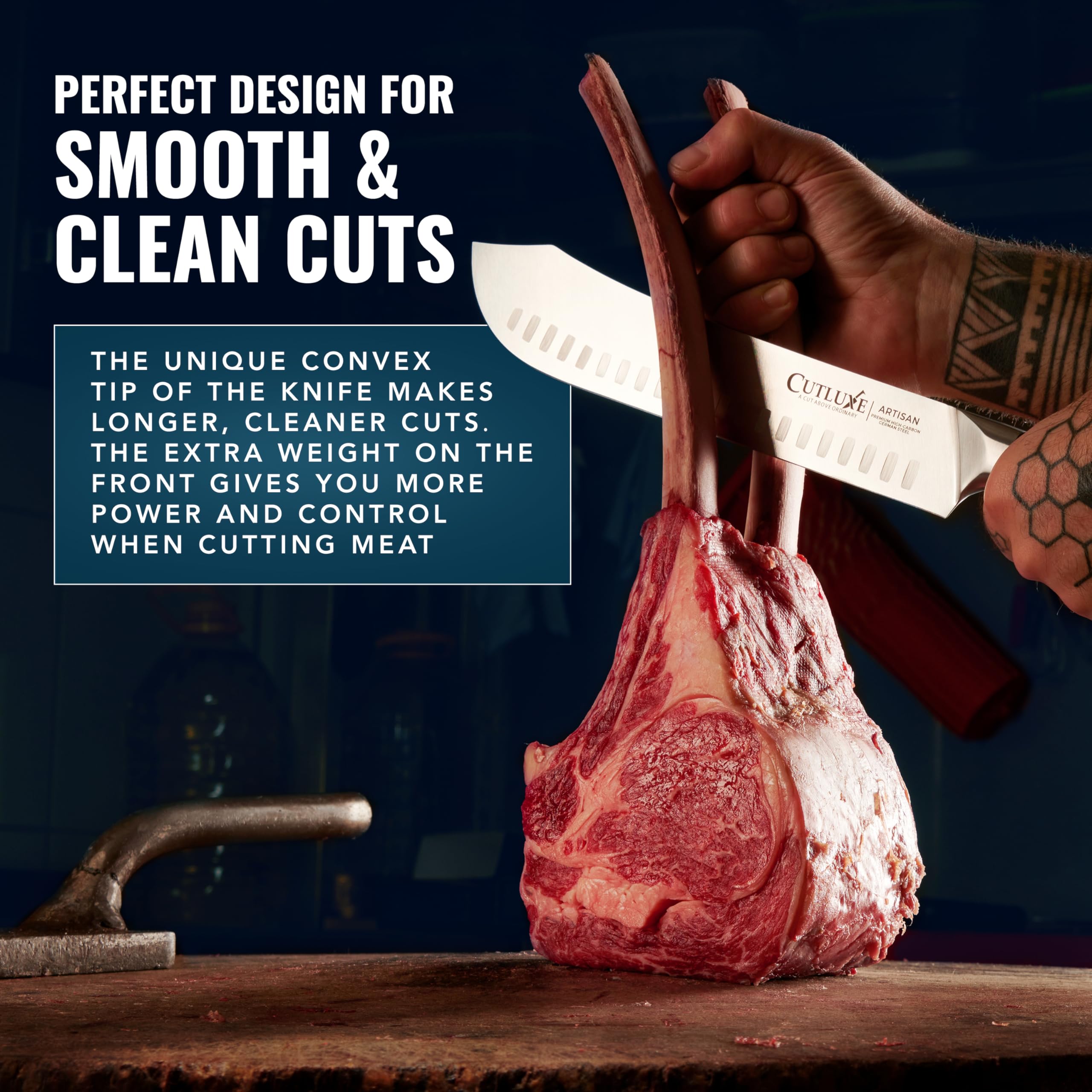 Cutluxe high-carbon German steel blade demonstrates enduring sharpness and rust resistance