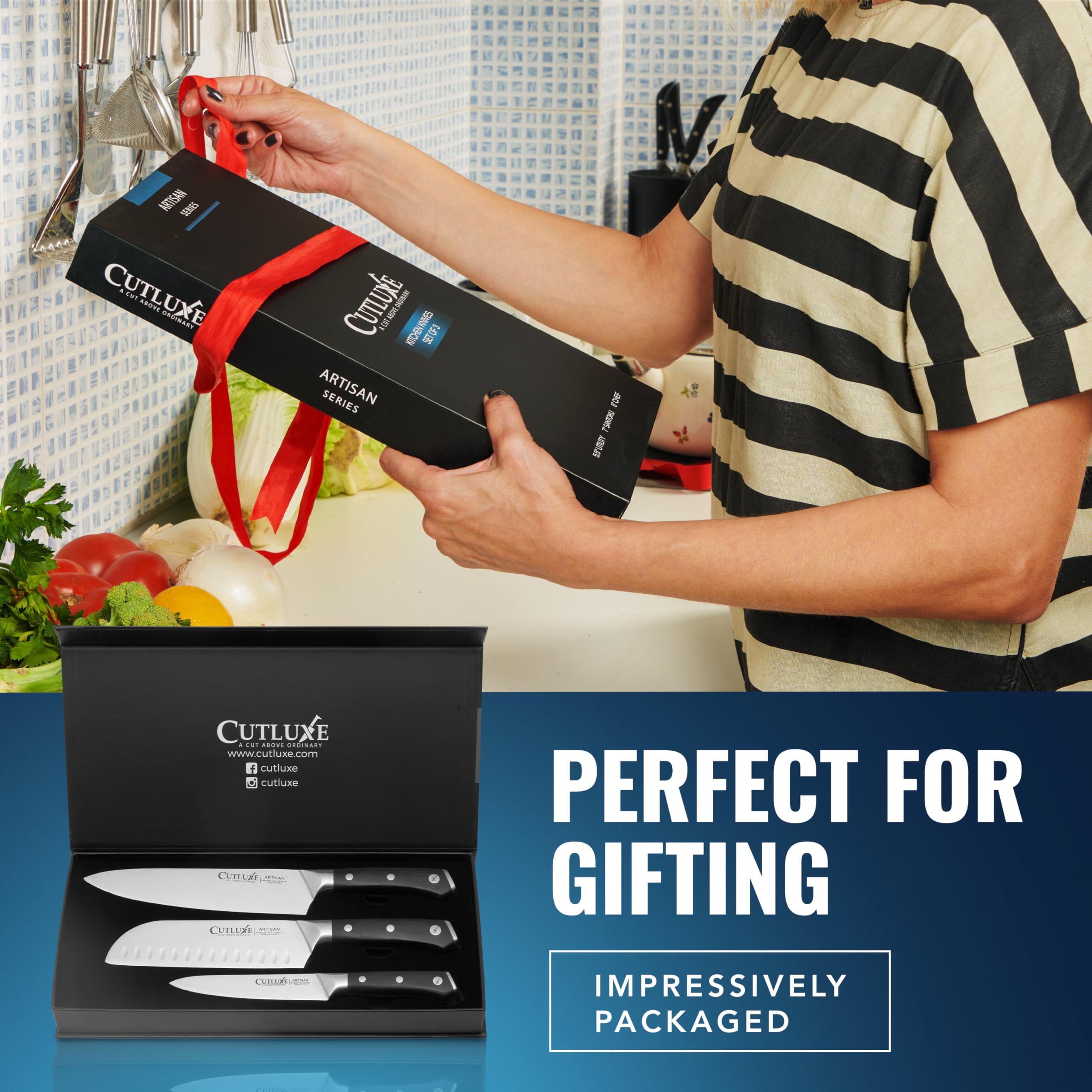 Cutluxe knife set in use on a cutting board for everyday cooking.
