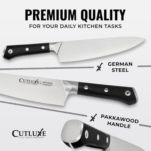 Cutluxe kitchen shears and honing rod included for edge maintenance.