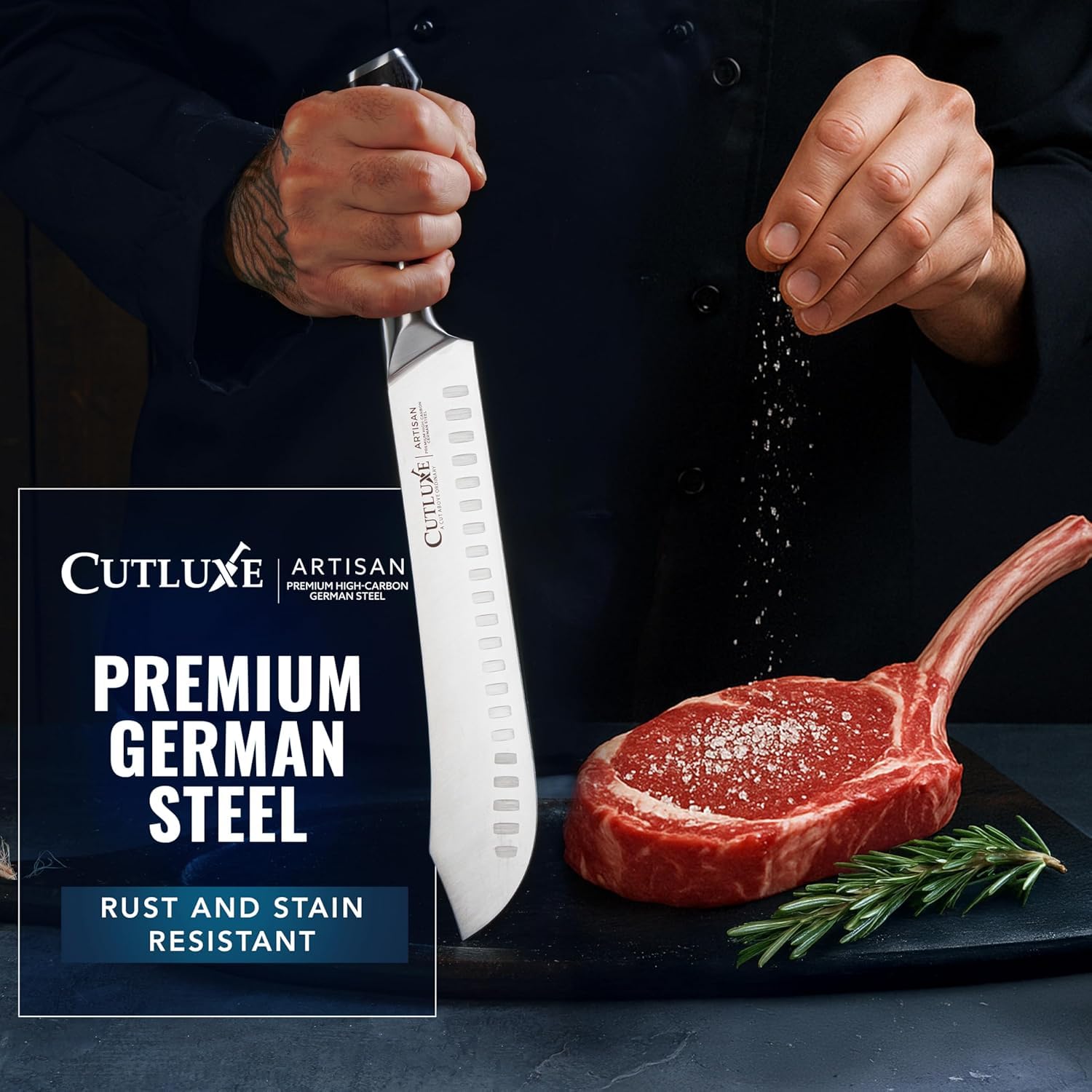 Cutluxe knife in kitchen setting ready for meat prep and carving