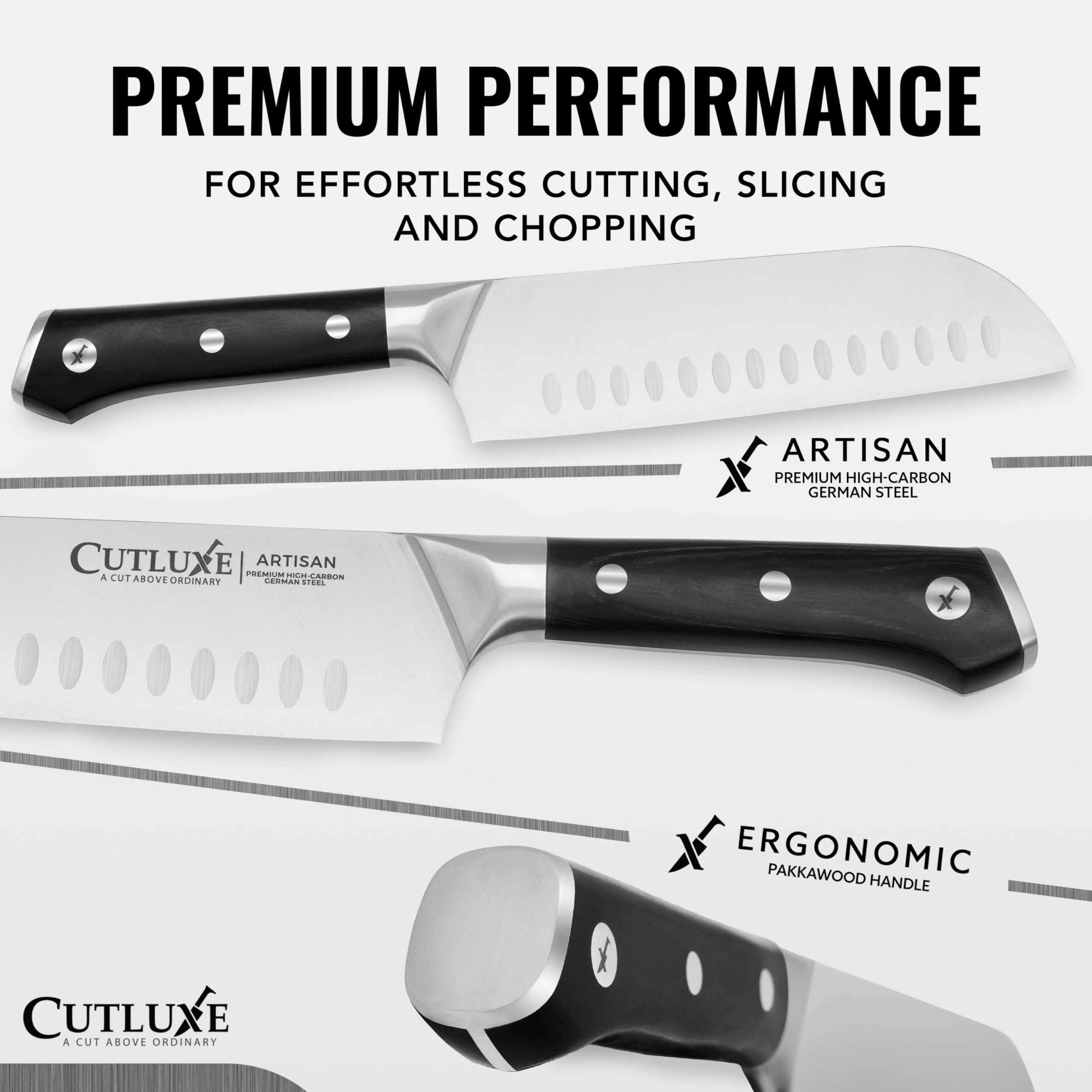 Cutluxe 5.5-inch utility knife for precise trimming and paring tasks.