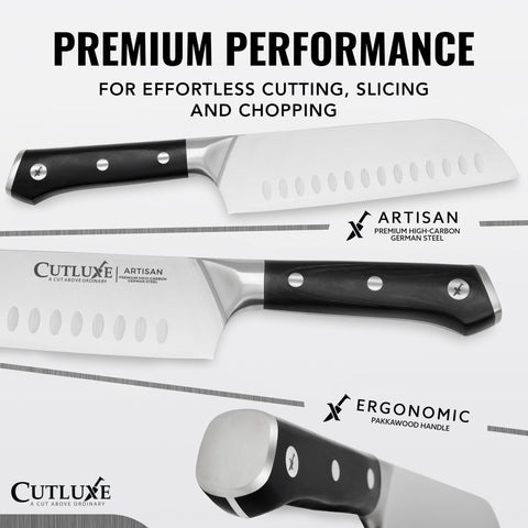 Cutluxe 5.5-inch utility knife for precise trimming and paring tasks.