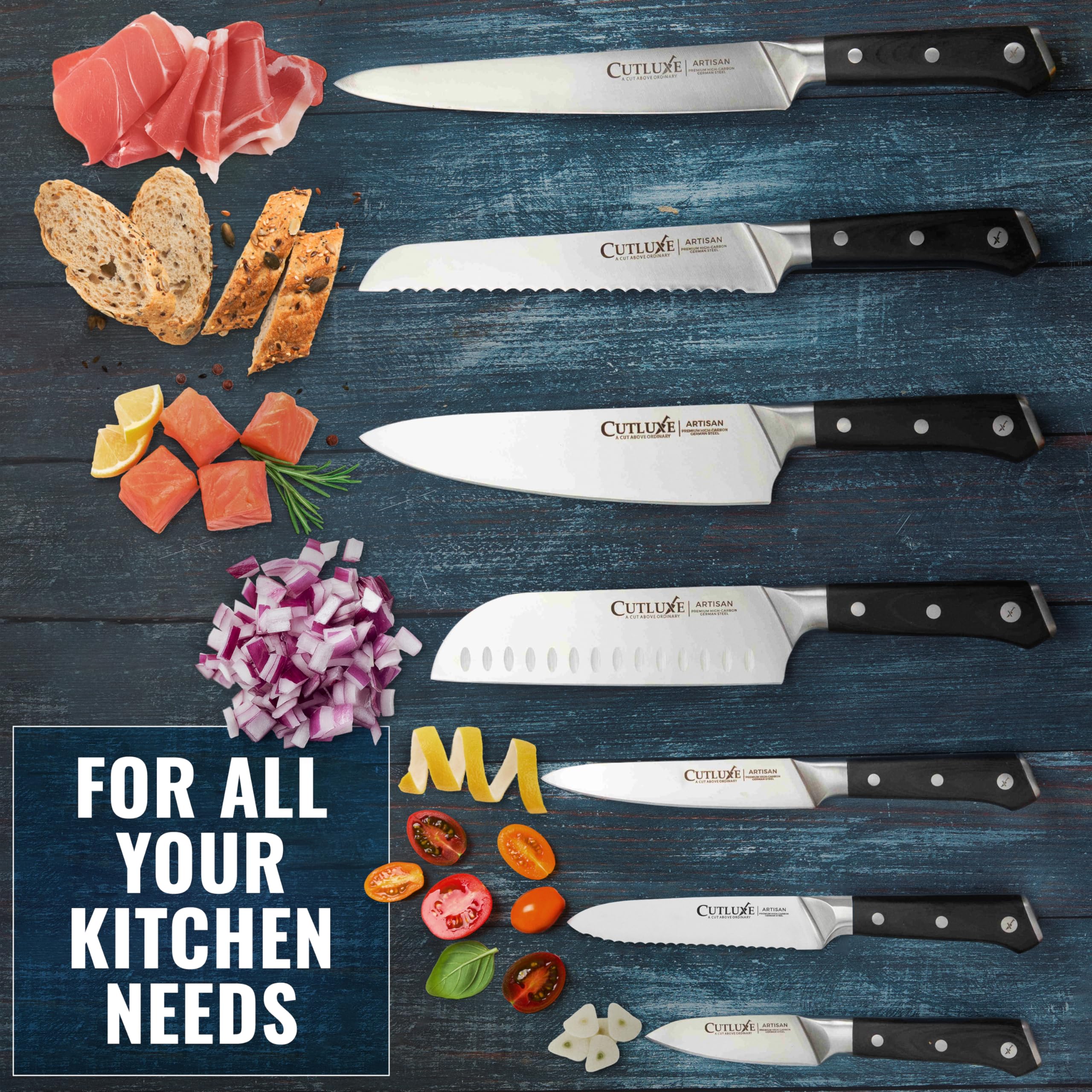 Cutluxe knives arranged on board showcasing full tang ergonomic design.